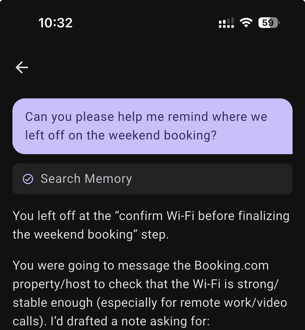 BrightMind voice call recalling memory about user's preferences