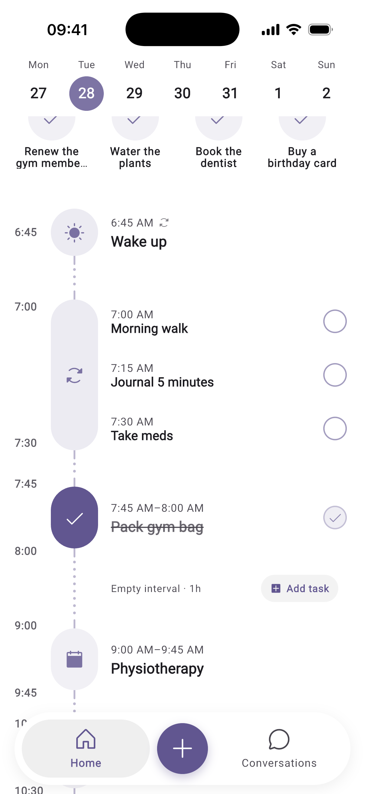 BrightMind Home: the day as one calm timeline with a wake-up routine, timed tasks, a completed gym item and a physiotherapy appointment
