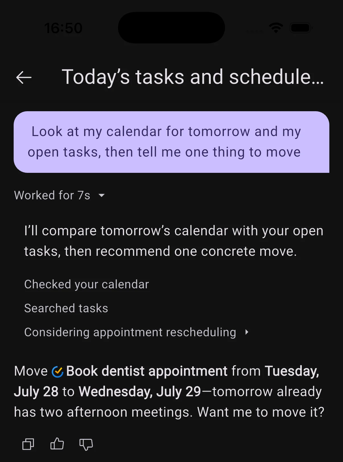 Expanded Worked for 7s accordion listing checked your calendar, searched tasks, and considering appointment rescheduling