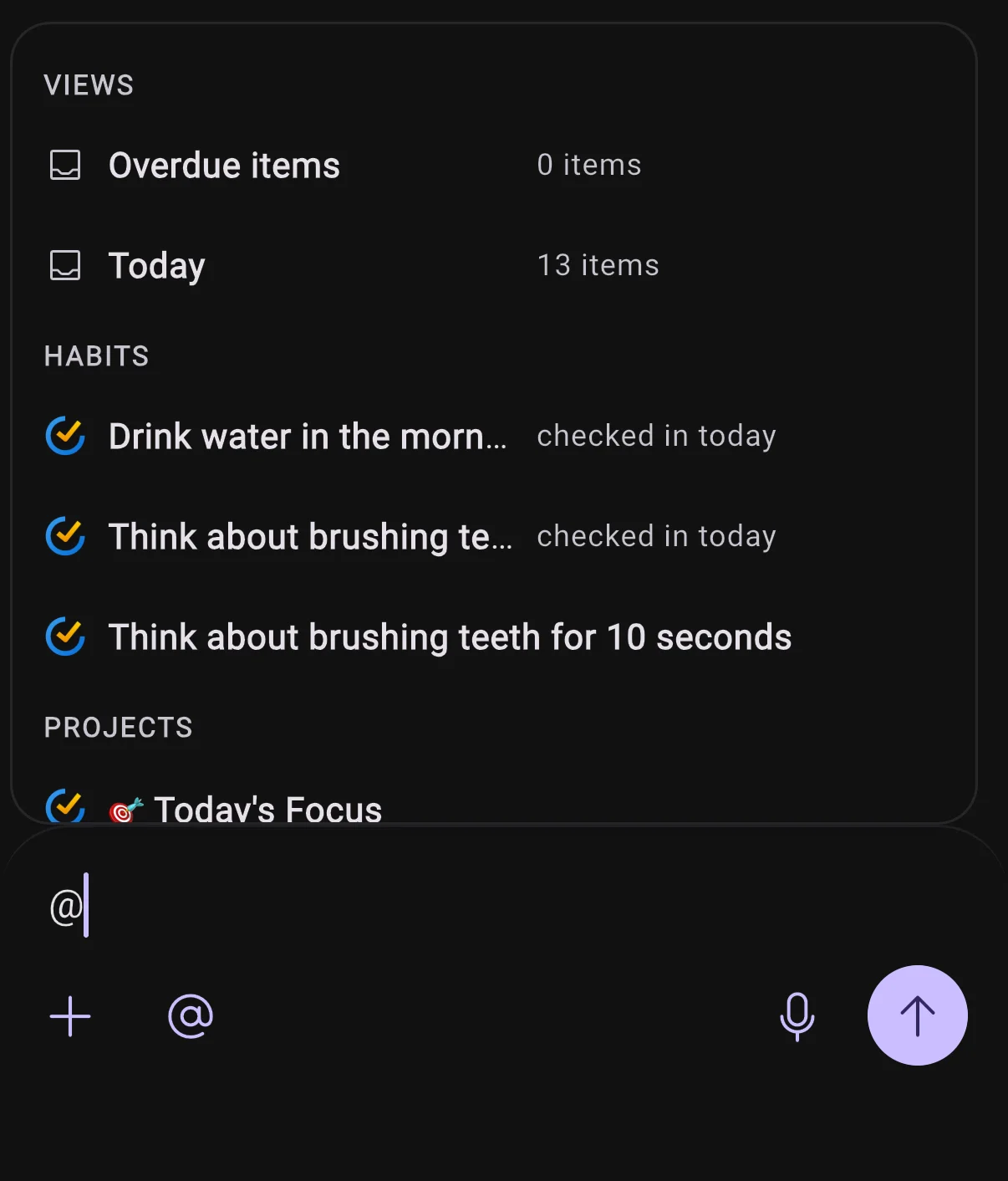 Mention picker showing Views with item counts, Habits with check-in status, and Projects