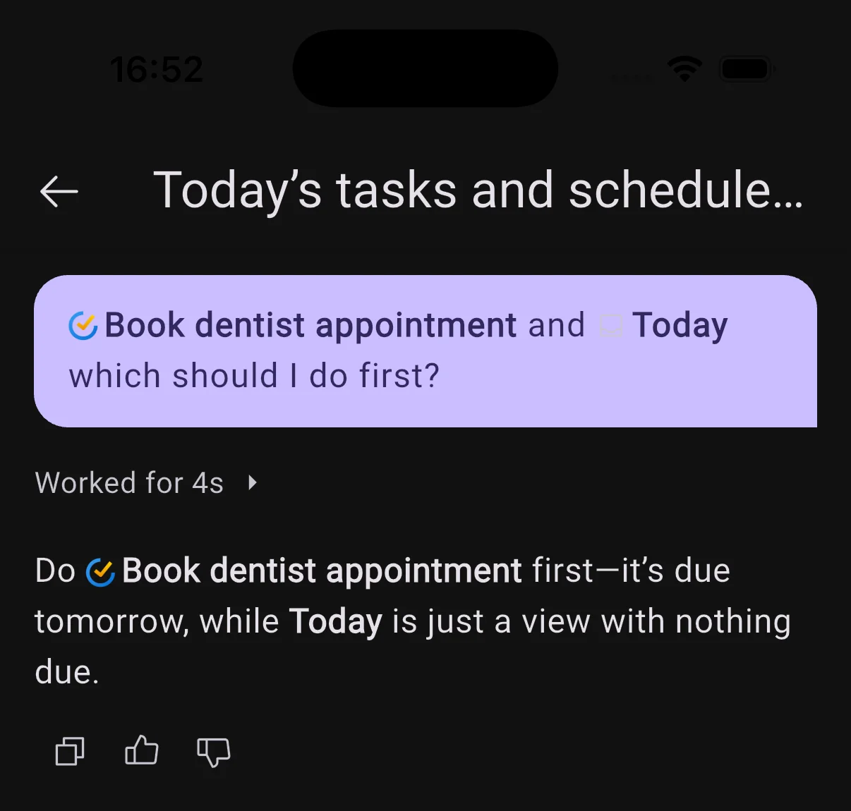 Chat message with inline mention pills and an agent reply linking the referenced task