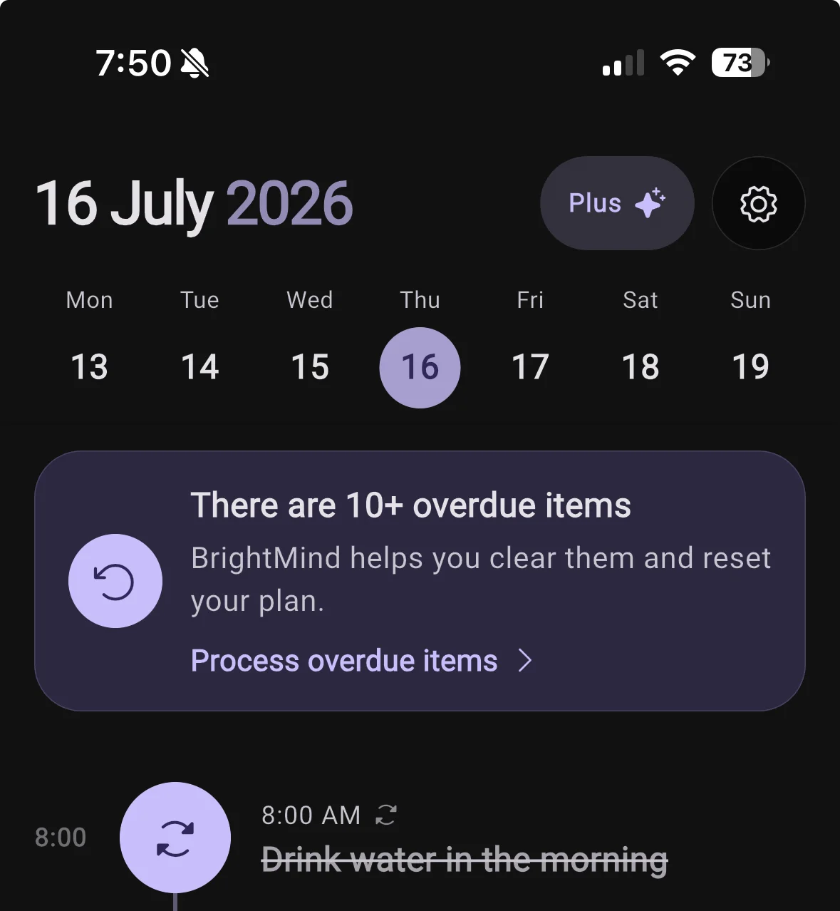 BrightMind Home timeline with the week selector, overdue items action, and scheduled habits