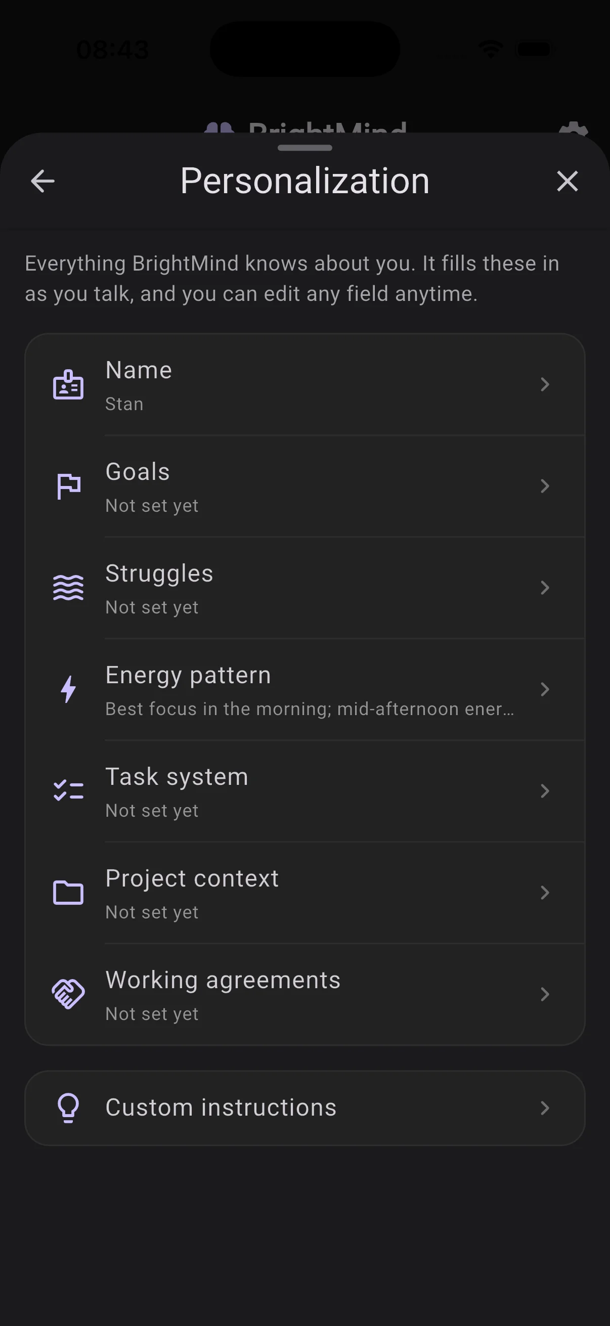 Personalization settings showing the profile fields BrightMind fills in as you talk