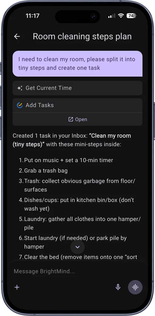 A BrightMind conversation where a room-cleaning task is broken into small steps and one step is saved as a task