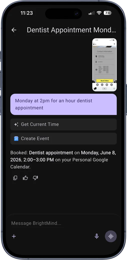 BrightMind AI companion booking a dentist appointment in Google Calendar from a photographed appointment card