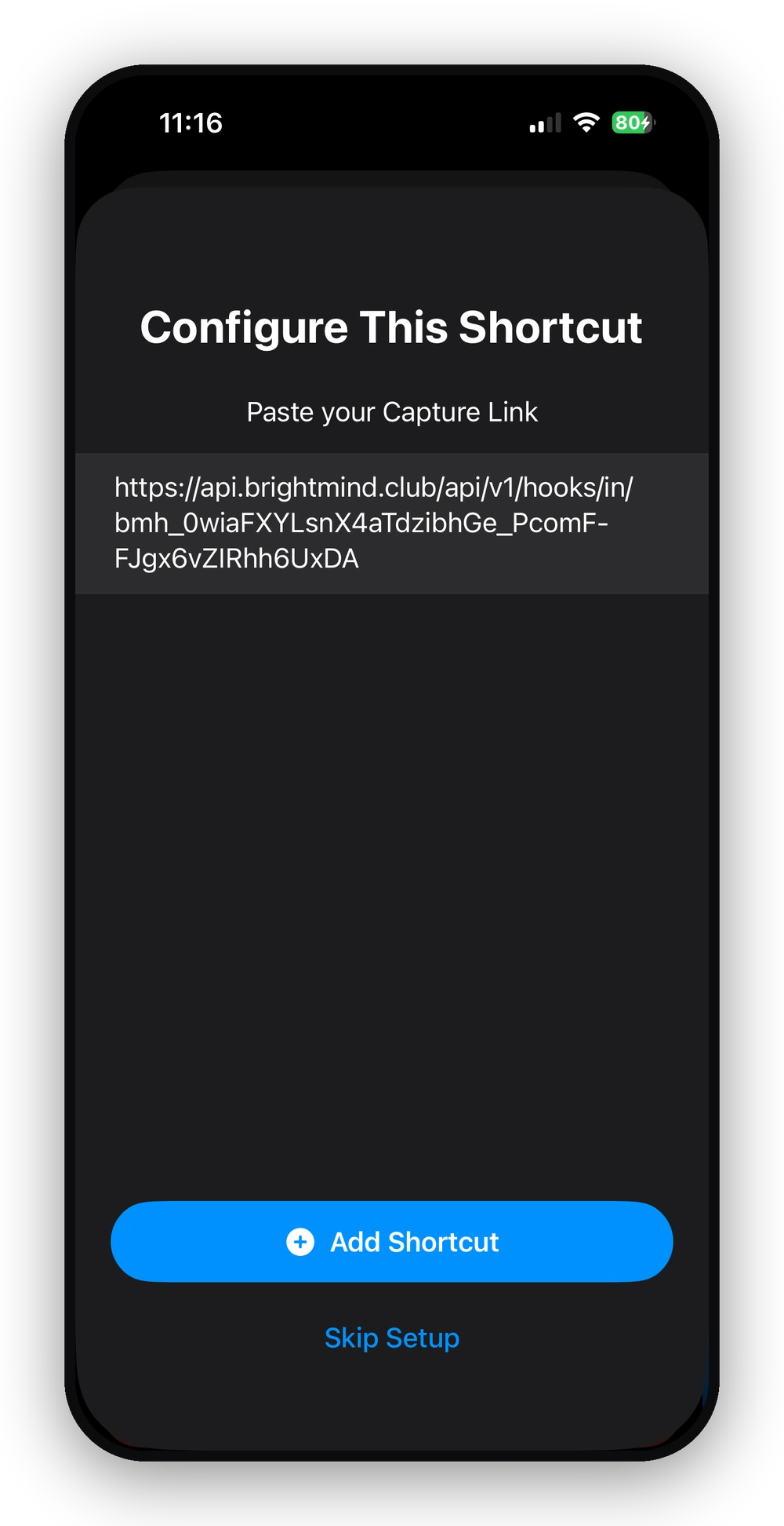 Pasting the capture link into the shortcut, then tapping Add Shortcut