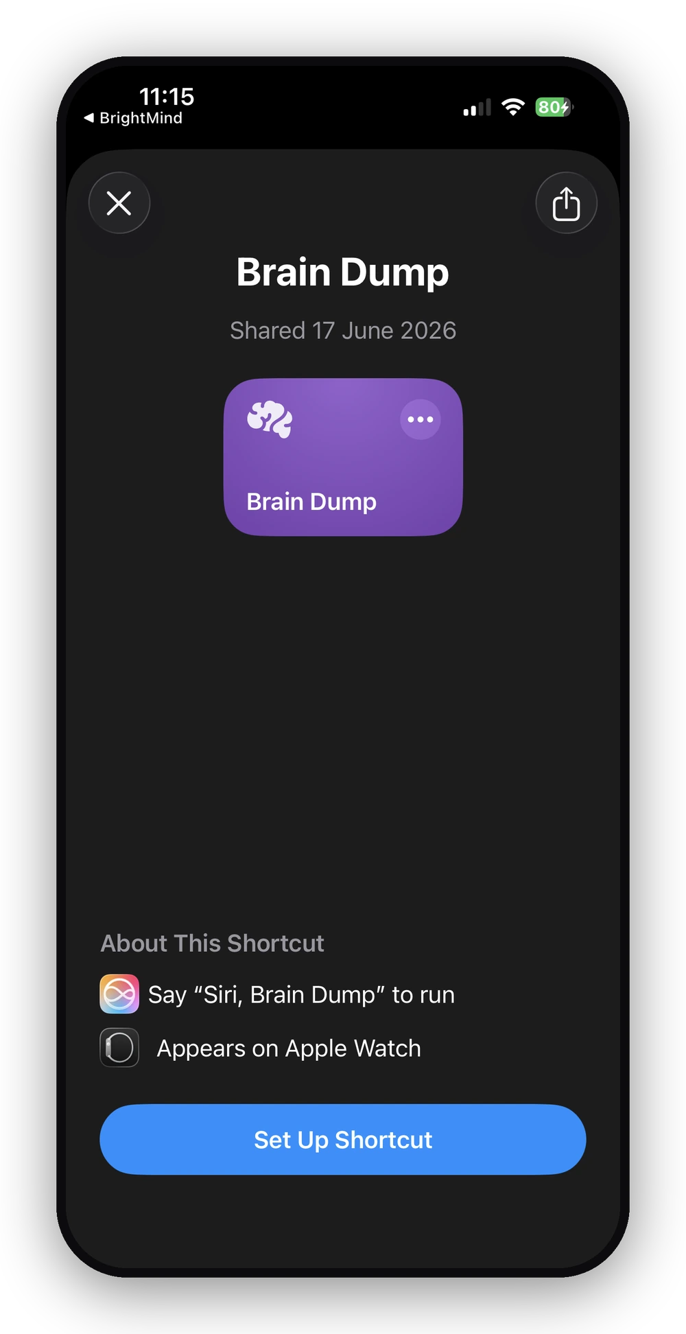 The Brain Dump shortcut's Set Up Shortcut screen in Apple Shortcuts