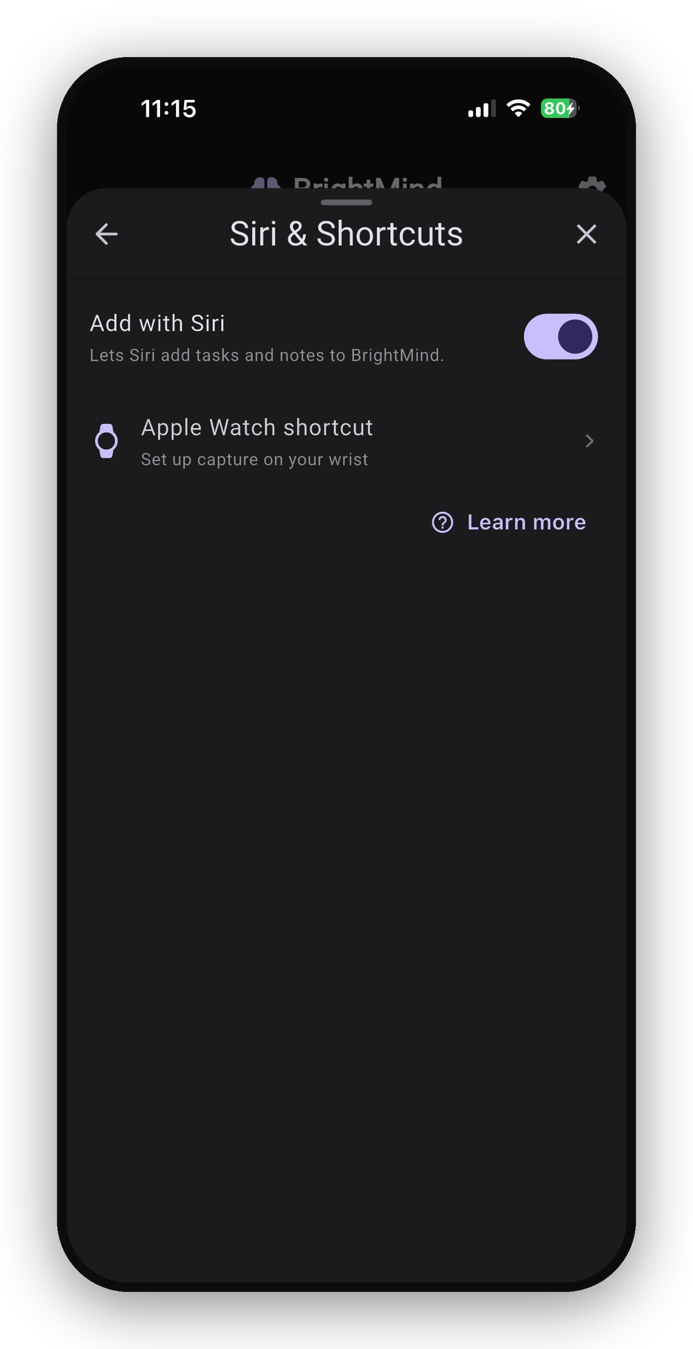 The Add with Siri toggle switched on in BrightMind