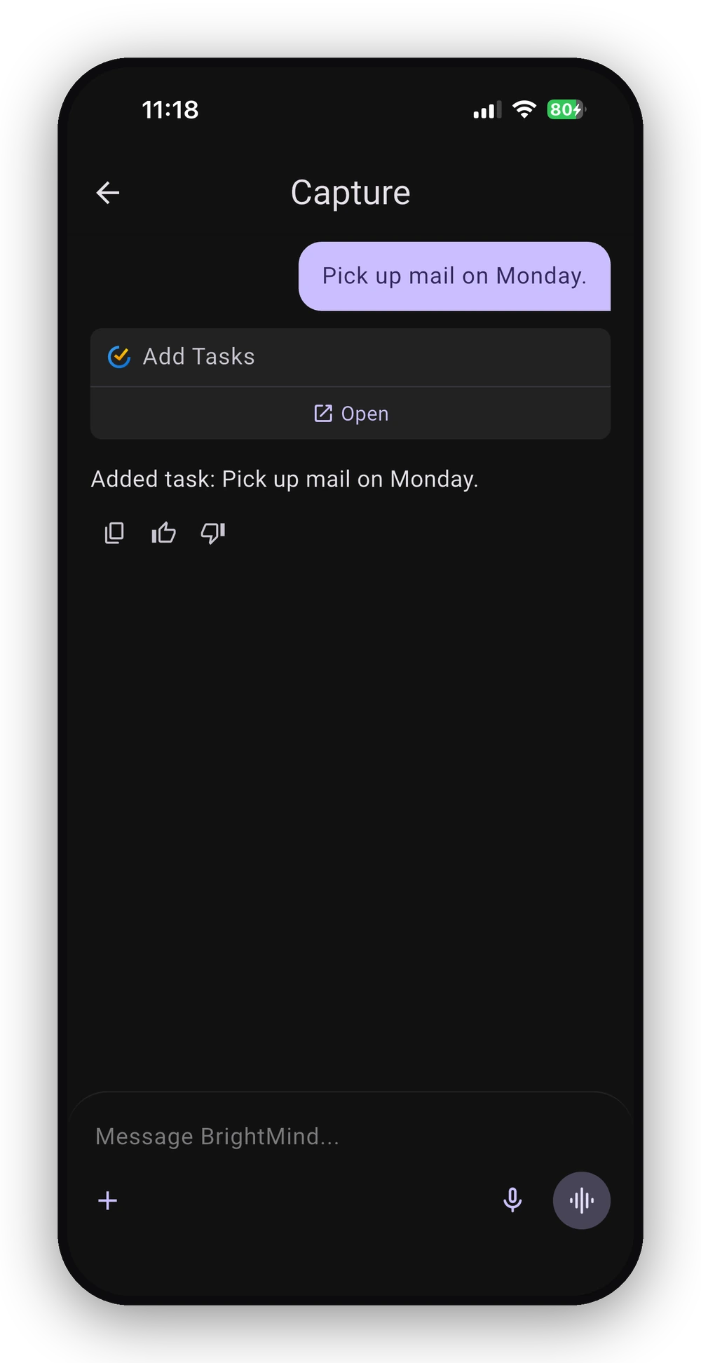A captured task filed into the task manager from the Capture conversation