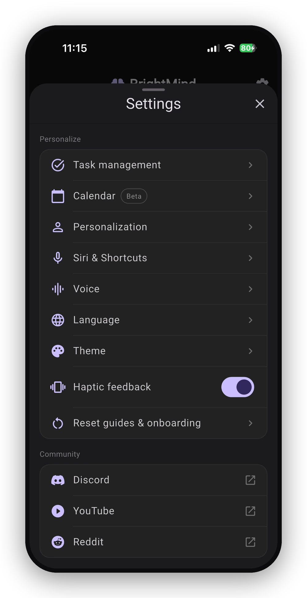 BrightMind Settings screen with Siri & Shortcuts in the list